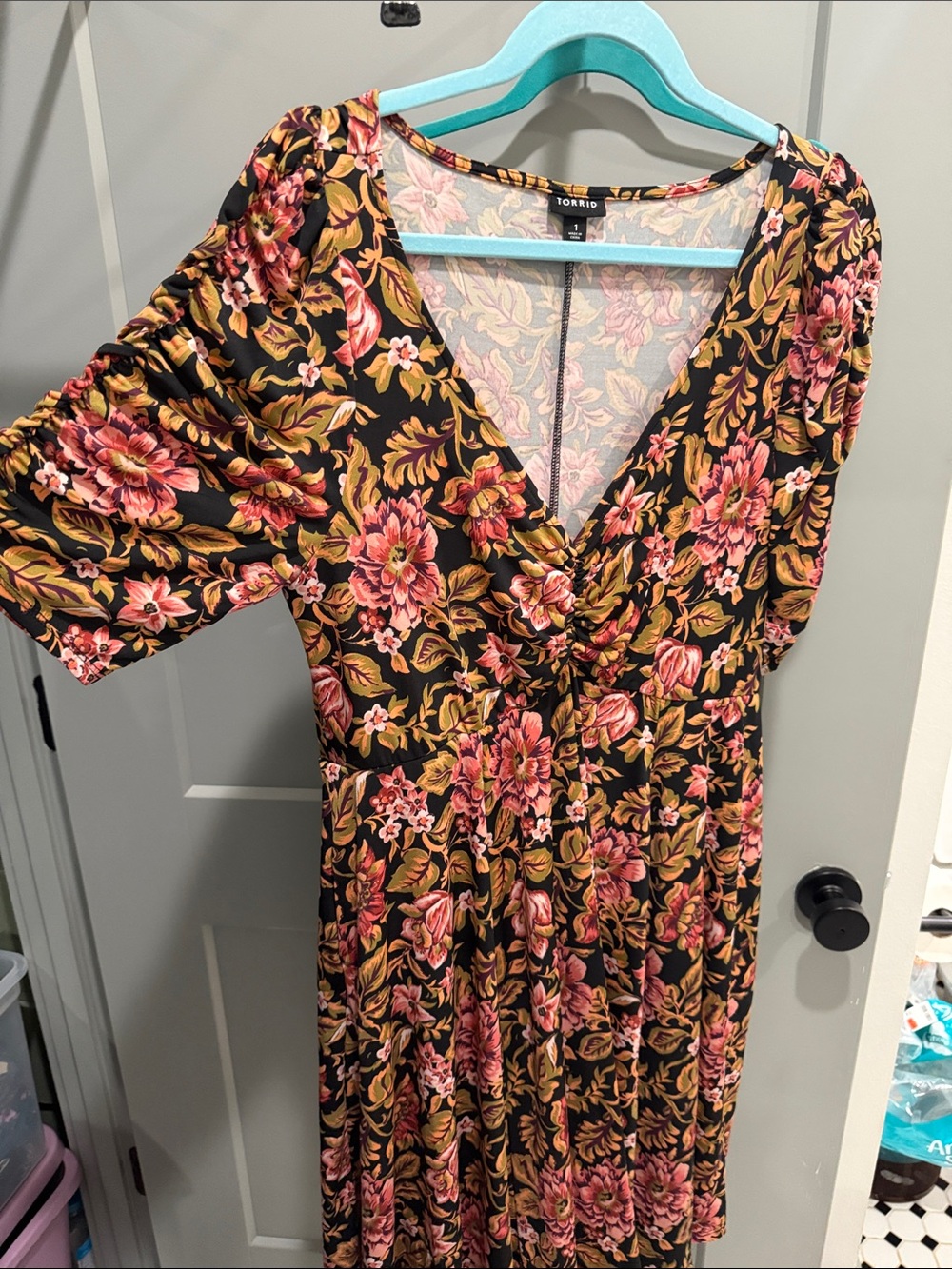 torrid Black Floral Wrap Midi Dress with Pink & Mustard Blooms